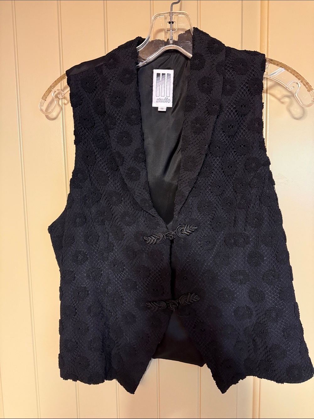 Black Textured Sleeveless Vest with Decorative Frog Closures